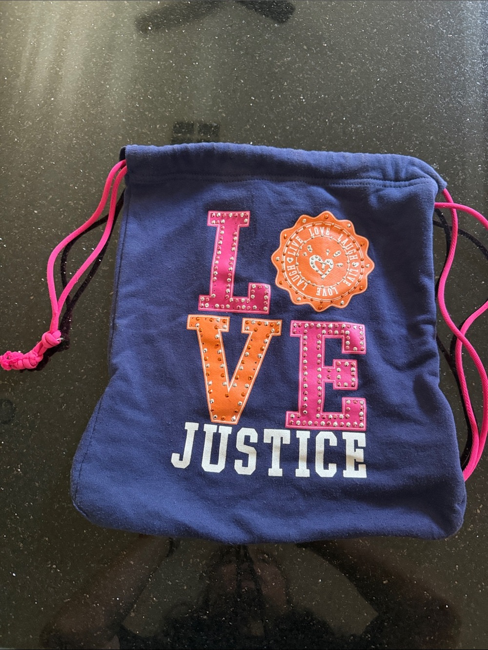 Justice Navy Drawstring Bag with Pink & Orange LOVE Design